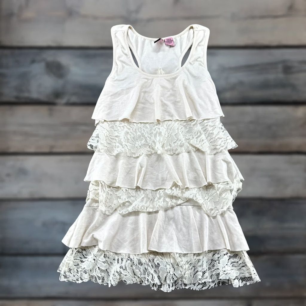 Layer 8 VINTAGE Love On A Hanger Tank Top Women S White Floral Lace Ruffle Zipper Sleeveless Racerback 90s Flower Size S / US 4 / IT 40 - 1 Thumbnail