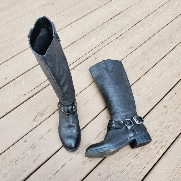 image of 90's Y2K Nine West Black Leather Harness Riding Boots, Women's (Size 8)