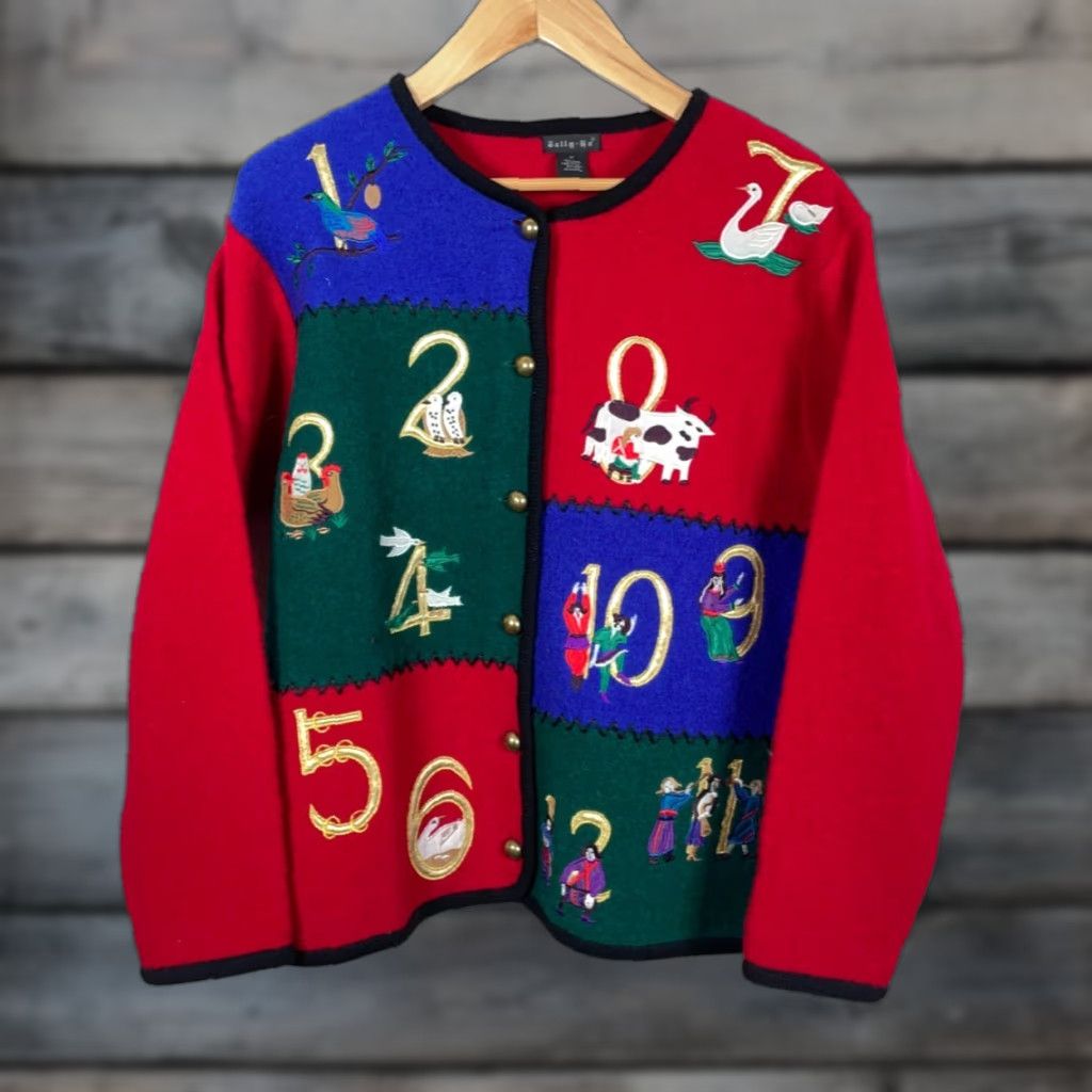 Vintage VINTAGE Tally Ho Sweater Cardigan Women’s Medium Red 12 Days of Christmas 90s Ugly Christmas Santa Crew Neck Long Sleeve Wool Knit Pattern Geometric Size M / US 6-8 / IT 42-44 - 1 Thumbnail