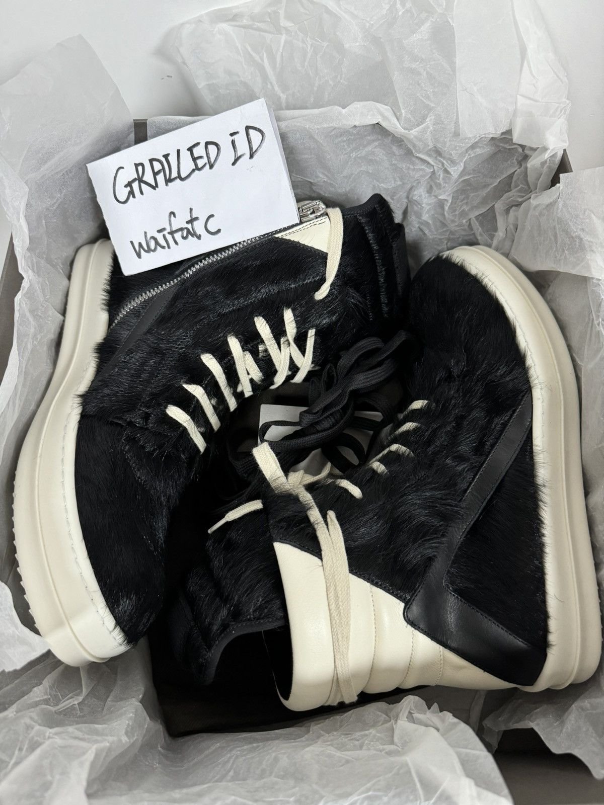 Rick Owens RICK OWENS PONY HAIR LEATHER BLACK MILK GEOBASKETS Size US 10 / EU 43 - 11 Thumbnail