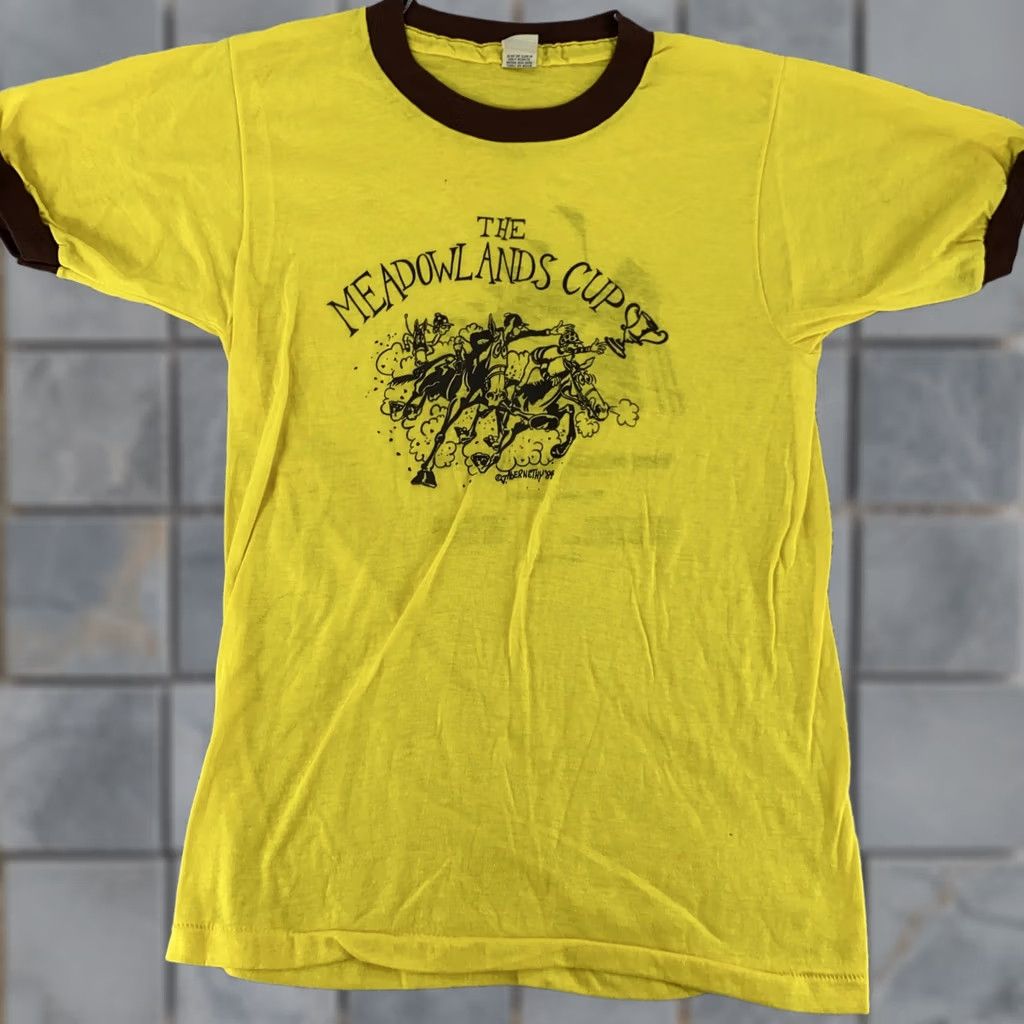 Vintage VINTAGE Meadowlands Cup Shirt XXS Yellow Brown Ringer Horse Racing Event 80s Mens Screen Stars Size US XXS / EU 40 - 1 Thumbnail