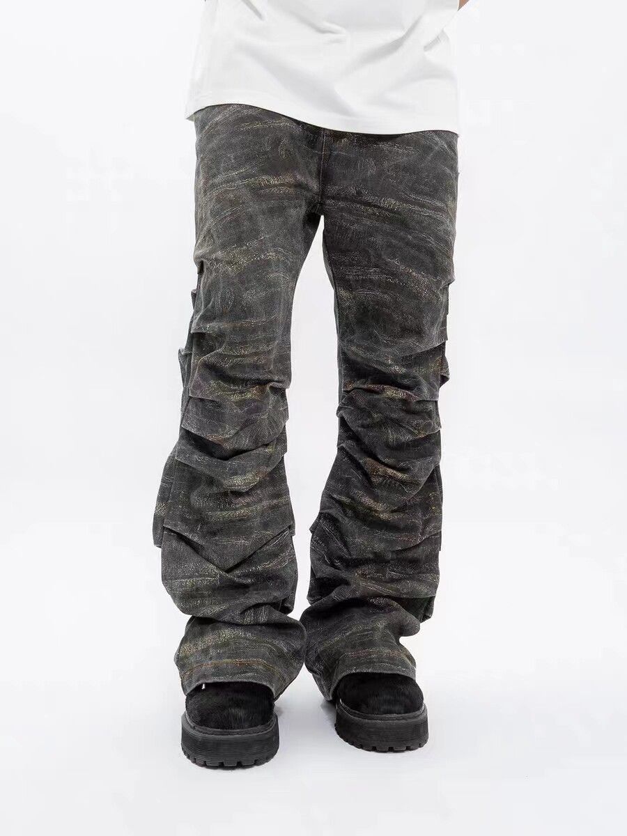 image of Army Green Special Camouflage Pleated Micro Flared Jeans, Men's (Size 32)