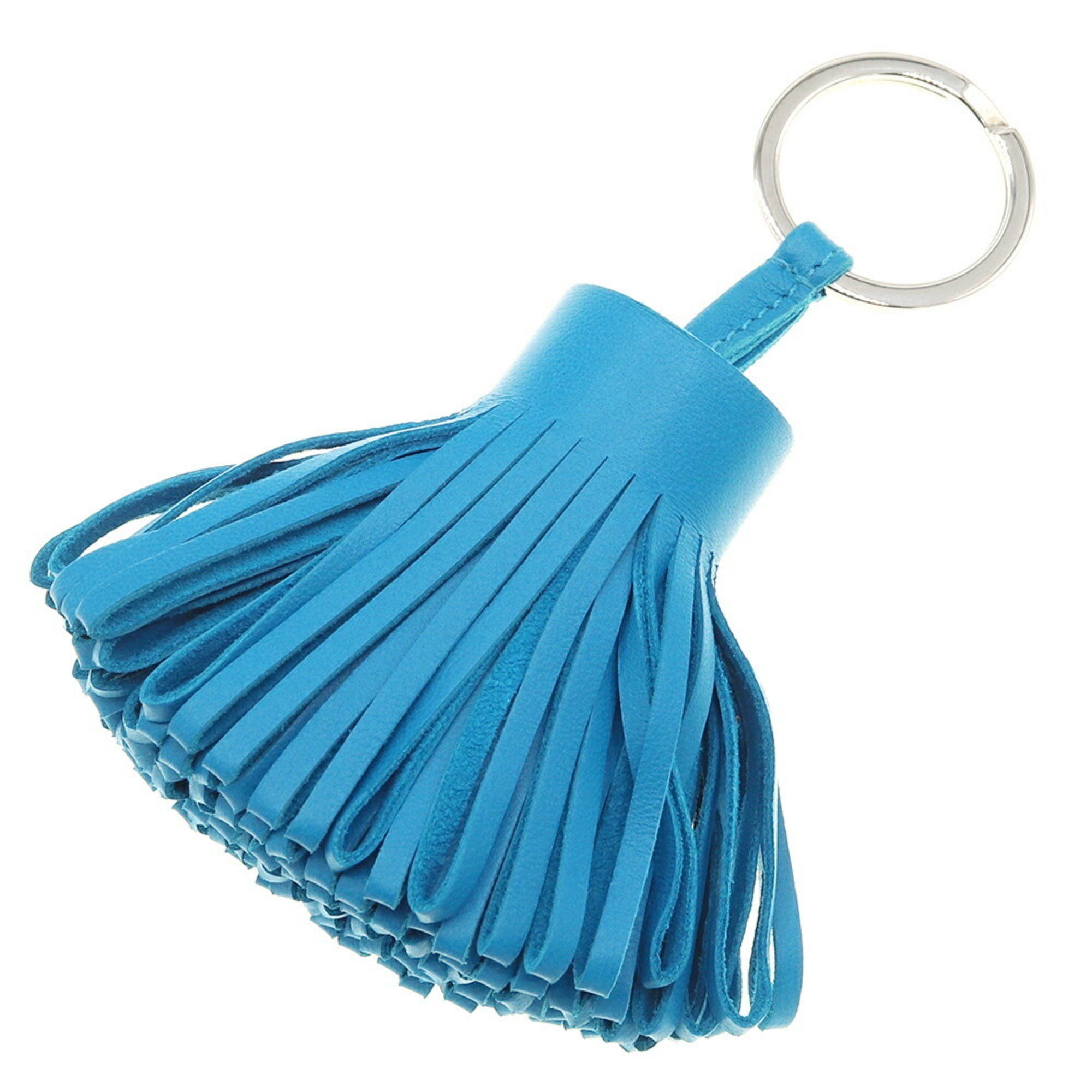 image of Hermes Key Ring Carmen Blue Leather Holder Bag Charm Tassel Women's Hermes