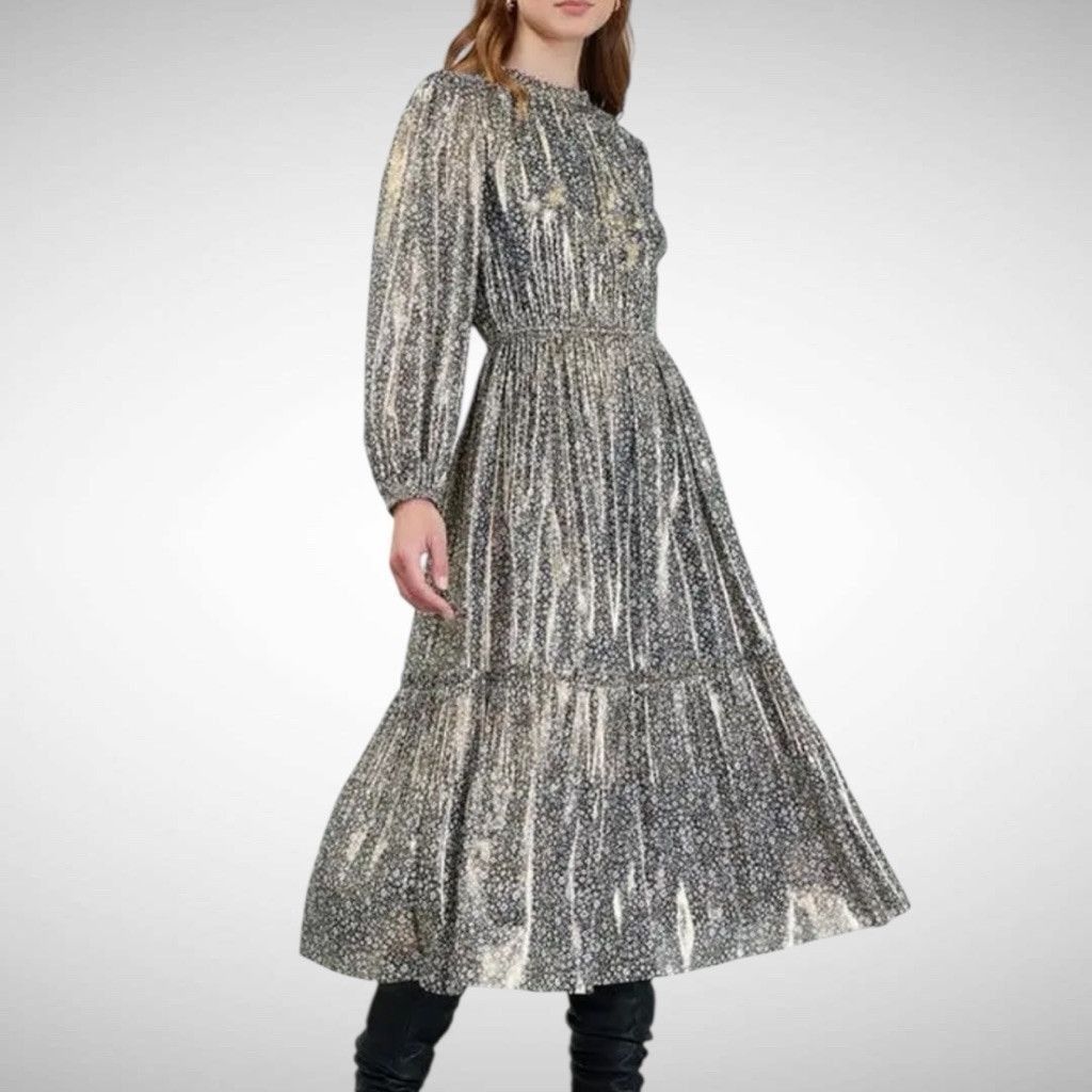 Current Air Gold Metallic Floral Midi Dress Brown Size M
