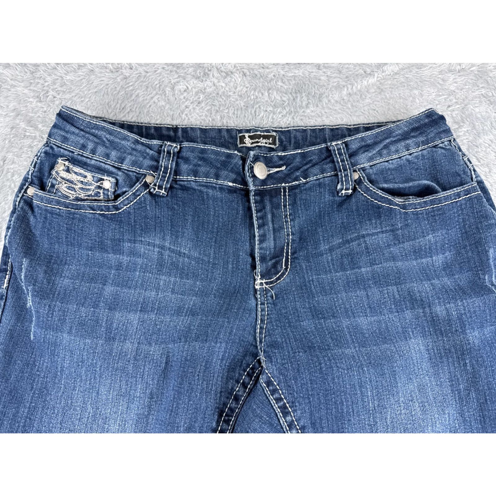 Vintage Soundgirl Jeans Women 16 Blue Denim Bootcut Embroidered Rhinestone Cotton Blend 32x30 Size 38" / US 16 / IT 52 - 4 Thumbnail