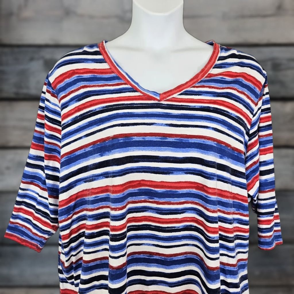 Vintage Woman Within Womens Top 3X T-Shirt Blue Red Stripe 3/4 Sleeve Cotton Size XXL / US 16-18 / IT 52-54 - 1 Thumbnail