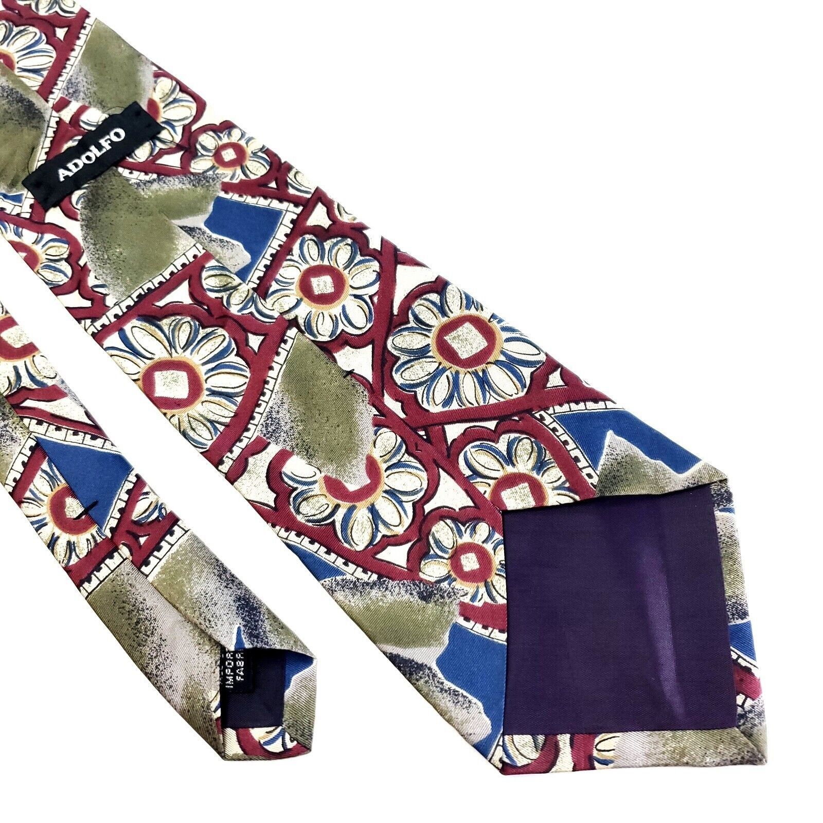 Vintage Adolfo Silk Tie Print Green Blue Floral Short Size ONE SIZE - 5 Thumbnail