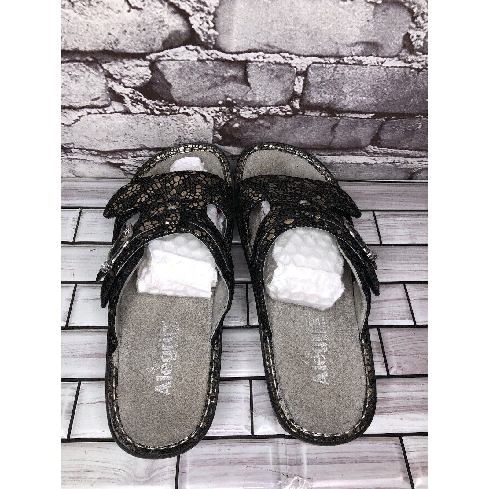 Other Alegria PEG 780 Black Silver Mosaic Leather Platform Slides Size US 10.5 / IT 40.5 - 5 Thumbnail