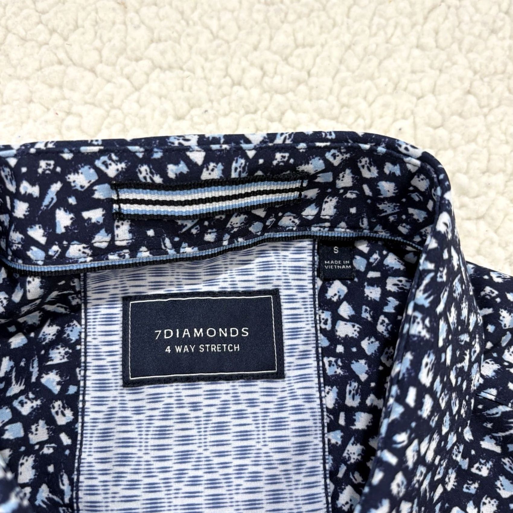 Vintage 7 Diamonds Shirt Mens S Short Sleeve Navy Brushstroke Abstract 4-Way Stretch Button-Up Collared Spread Size US S / EU 44-46 / 1 - 2 Thumbnail