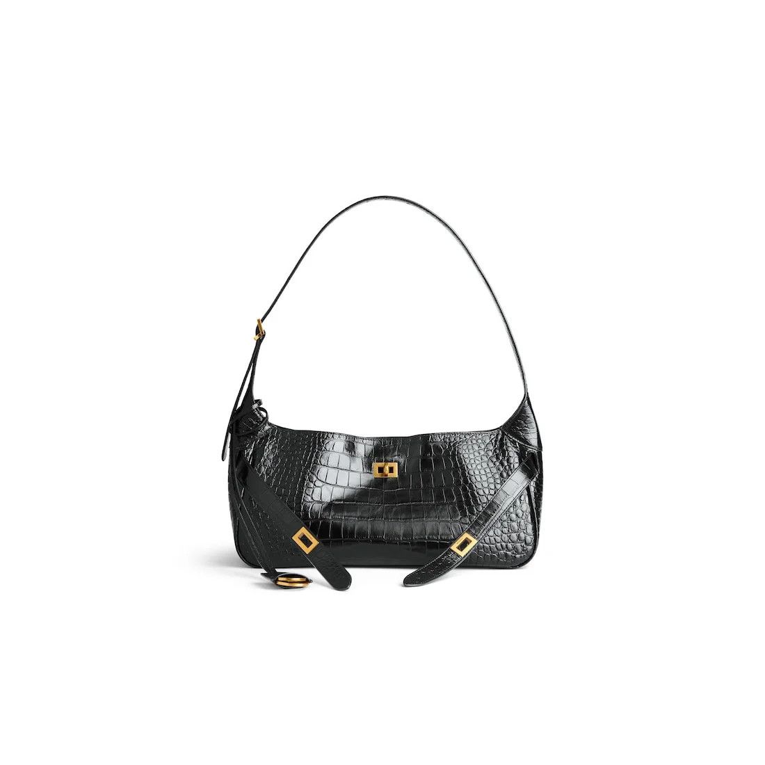 Balenciaga Bel Air Shoulder Bag Small in black crocodile embossed calfskin, aged-gold hardware Size ONE SIZE - 1 Thumbnail