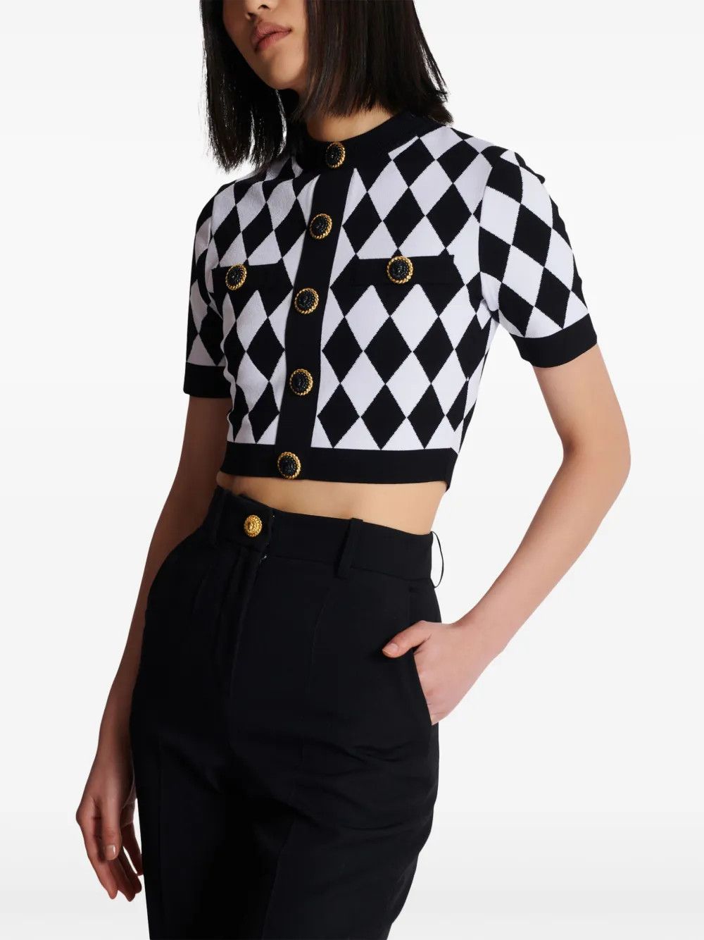 Balmain o1s1wg110725 Diamond Jacquard Knitted Top in Black/White Size S / US 4 / IT 40 - 4 Thumbnail