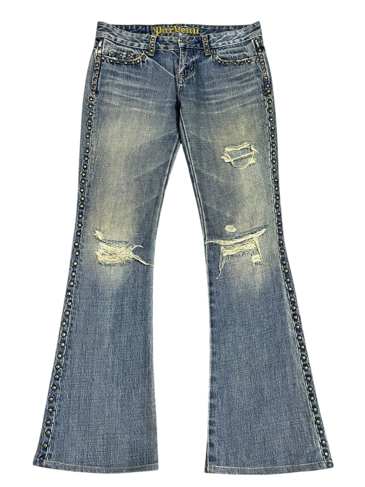 If Six Was Nine Vintage Japanese Crazy Rivet Mad Punk Distressed Flare Jeans Size 30" / US 8 / IT 44 - 1 Thumbnail