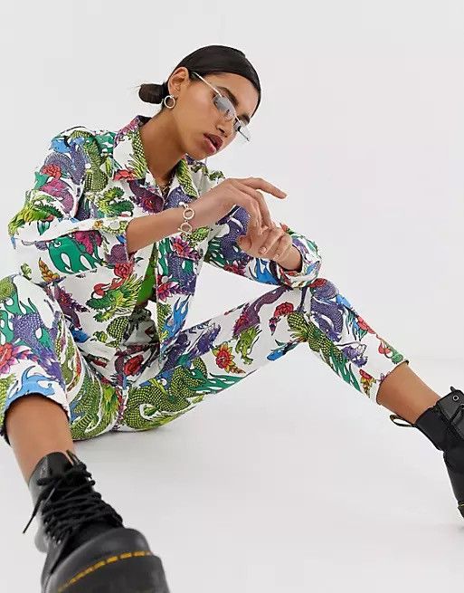 Other Jaded London Cropped Oversized Denim Jacket In Dragon Print Size S / US 4 / IT 40 - 2 Thumbnail