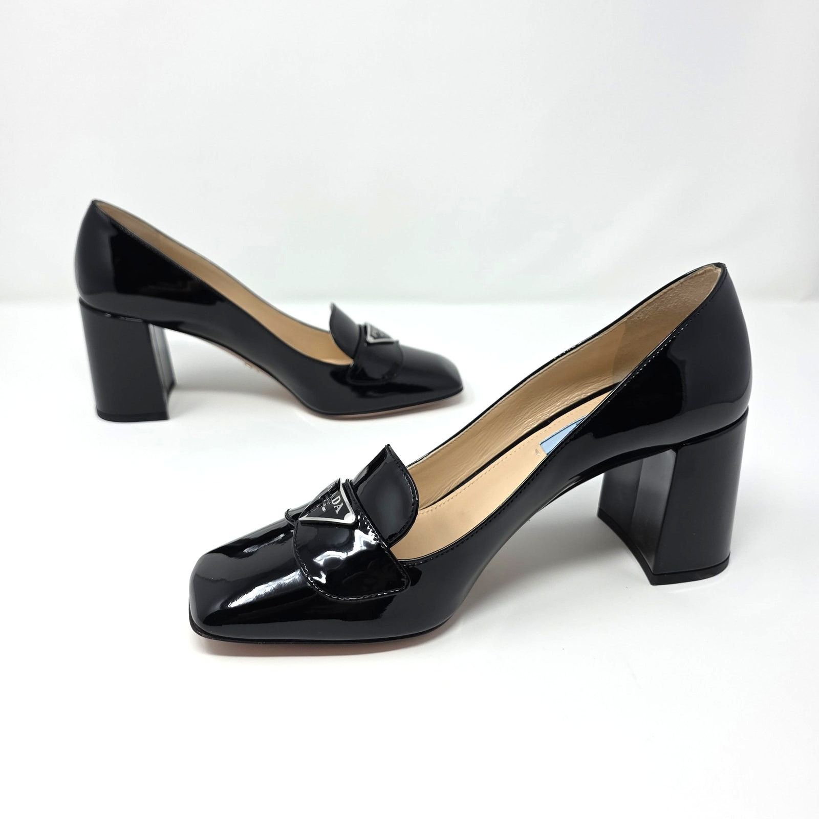 Prada Prada Square Toe Patent Loafer Pumps Black Logo 37 Size US 7 / IT 37 - 7 Thumbnail