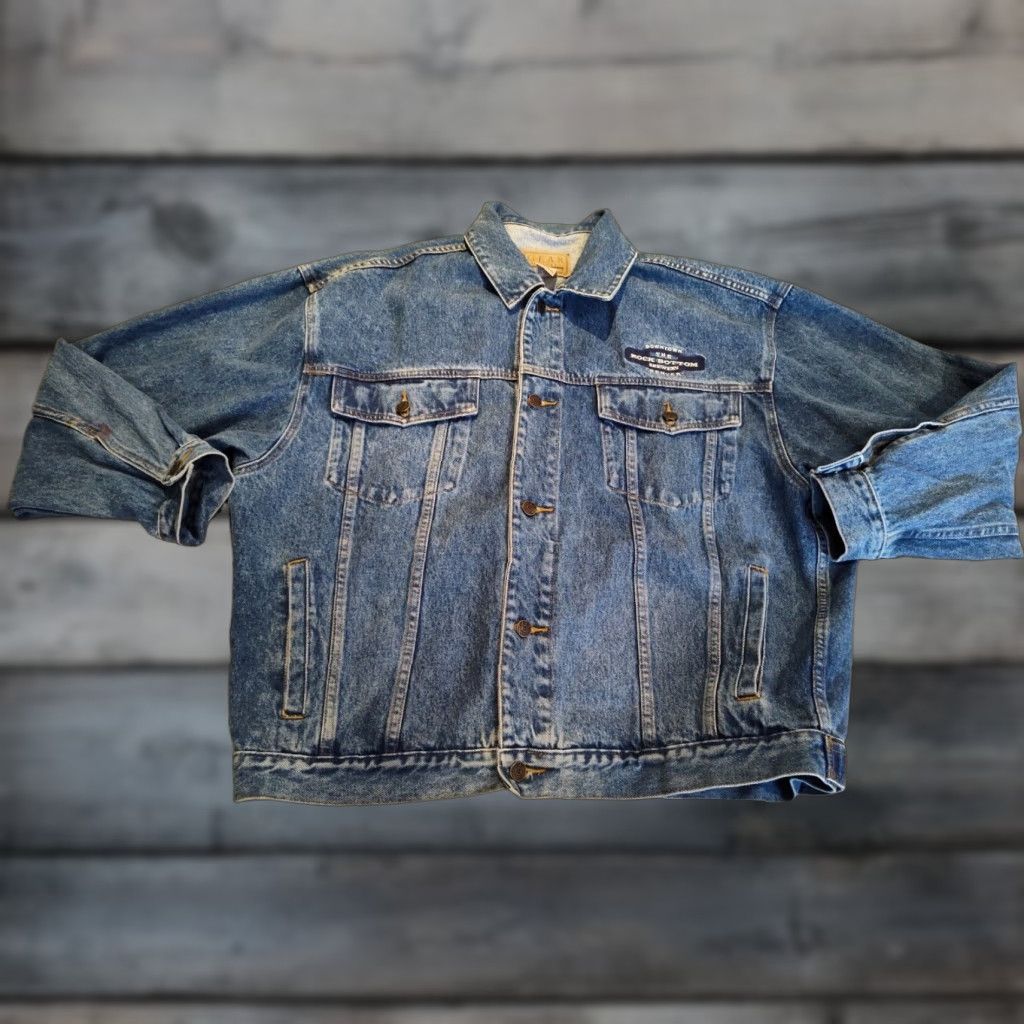 Denime VINTAGE Gear for Sports Denim Jacket XL Men Blue Distressed Trucker 80s Rock Bottom Brewery Size US 36 / EU 52 - 1 Thumbnail
