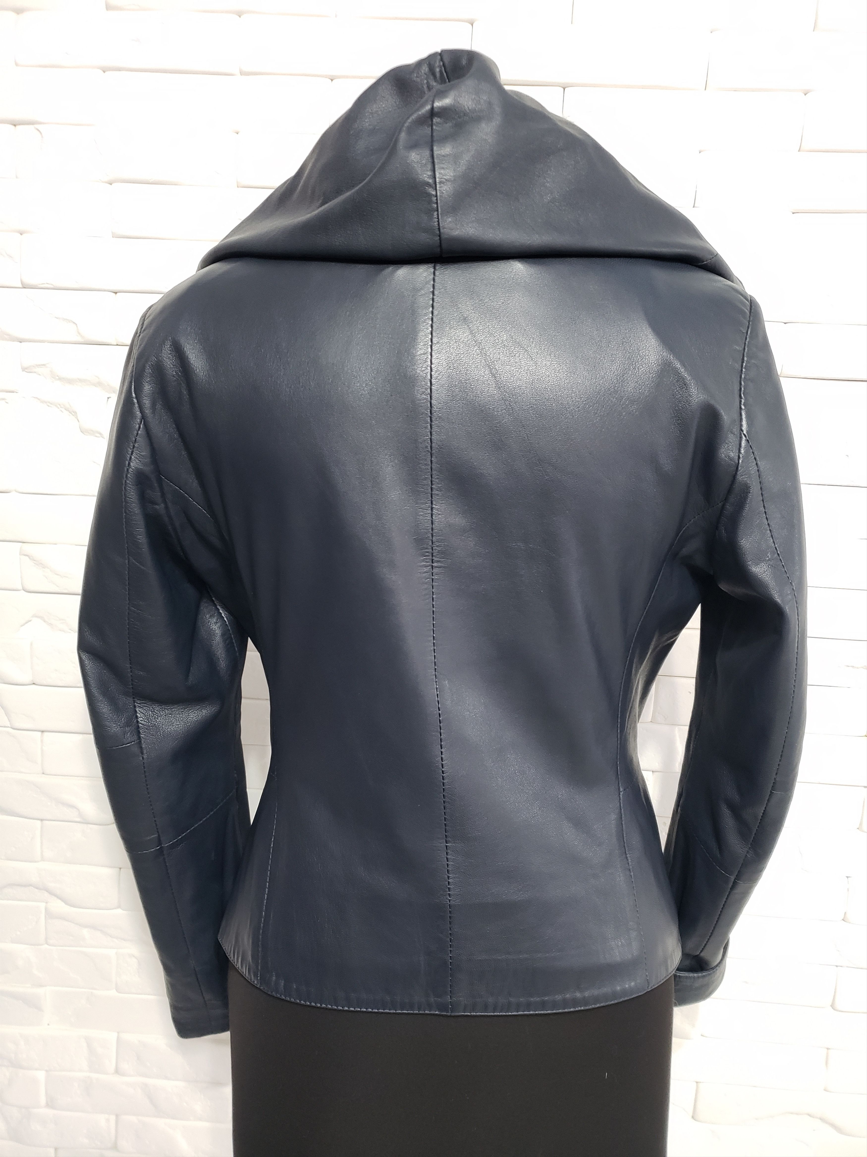 Genuine Leather Stylish blue leather jacket for women with a hood. Size L / US 10 / IT 46 - 4 Thumbnail