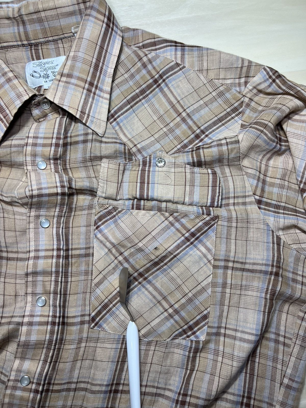 Other Silver Spur S/S Western Pearl Snap Shirt Sz 17 Tan & Blue Size US L / EU 52-54 / 3 - 11 Thumbnail
