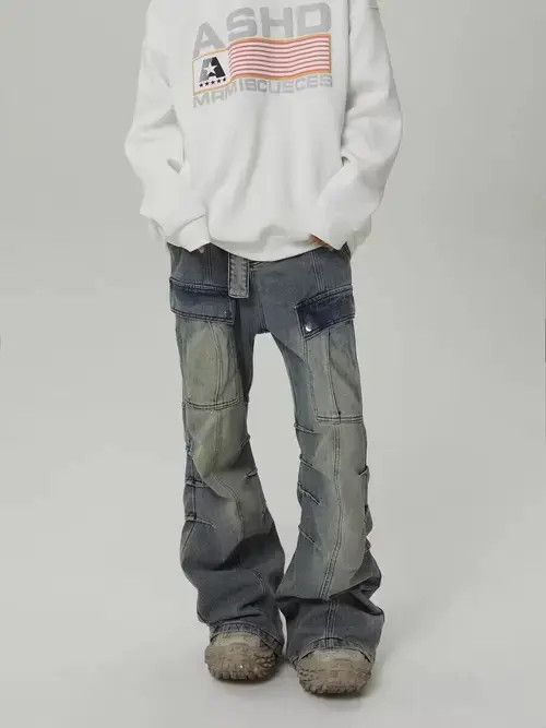 Japanese Brand × Jean Heavy-duty washed distressed pocket cargo straight-leg jeans Size US 32 / EU 48 - 4 Thumbnail