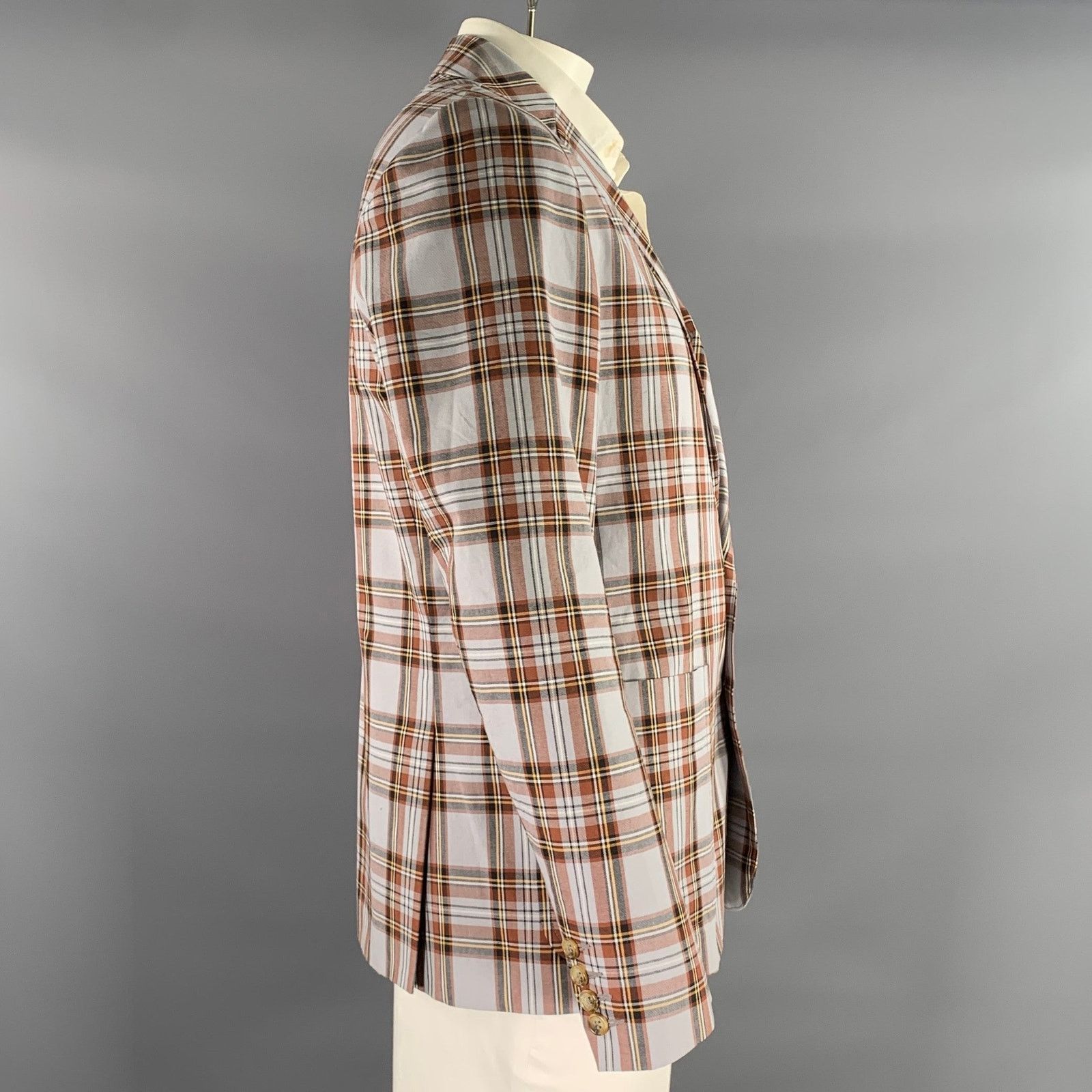 Mr Turk MR TURK 42 Grey Brown Plaid Cotton Notch Lapel Sport Coat Size 42R - 3 Thumbnail