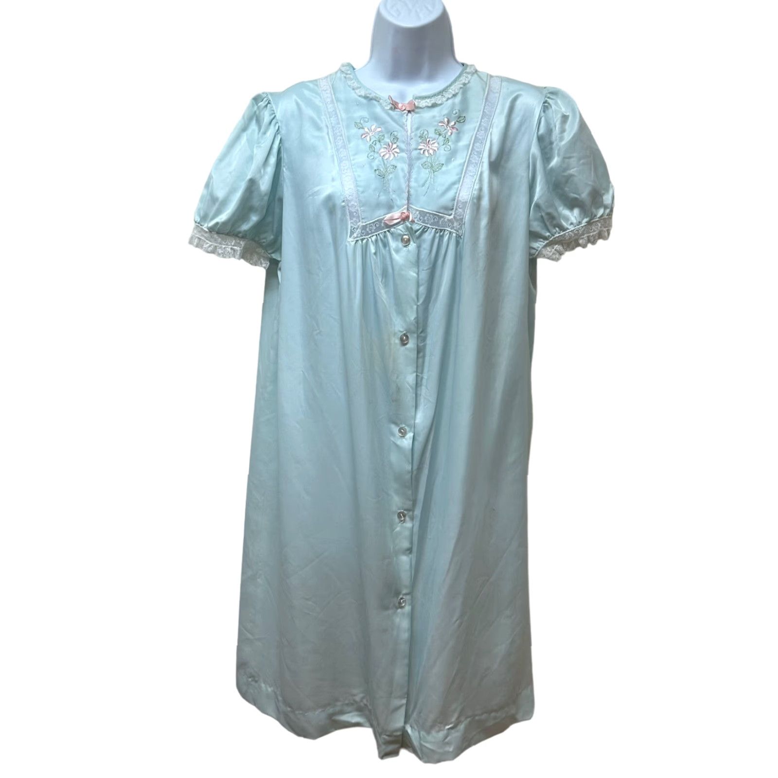 Vintage VINTAGE Barbizon Housecoat Robe Short Sleeve Nylon Satin Remarque Embroidered M NEW NOS Blue 1970s Womens Size 32" / US 10 / IT 46 - 2 Thumbnail