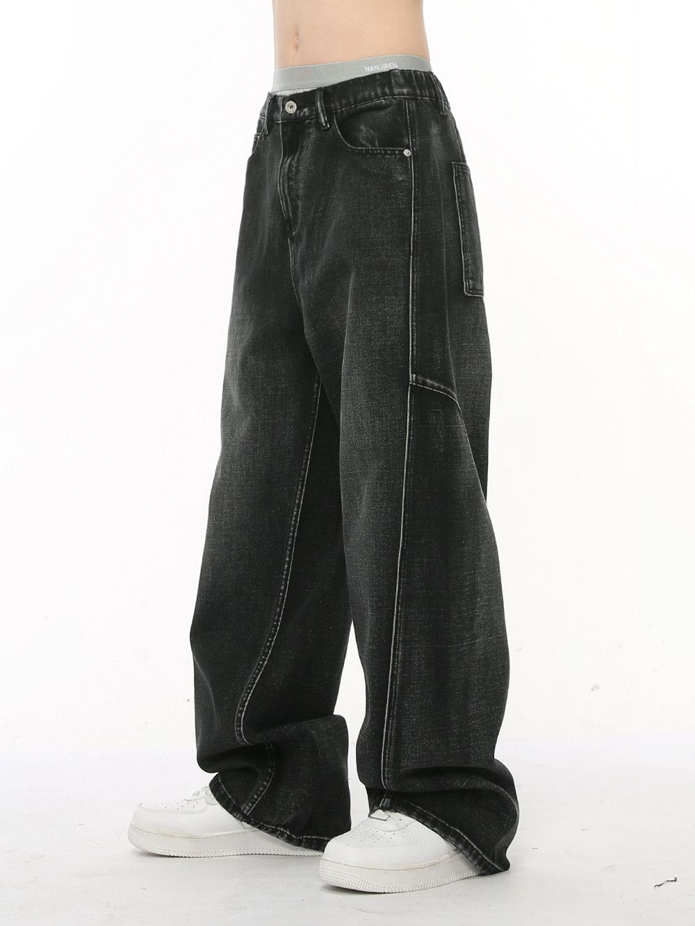 Japanese Brand Men's American patchwork straight leg wide-leg black jeans Size US 32 / EU 48 - 4 Thumbnail