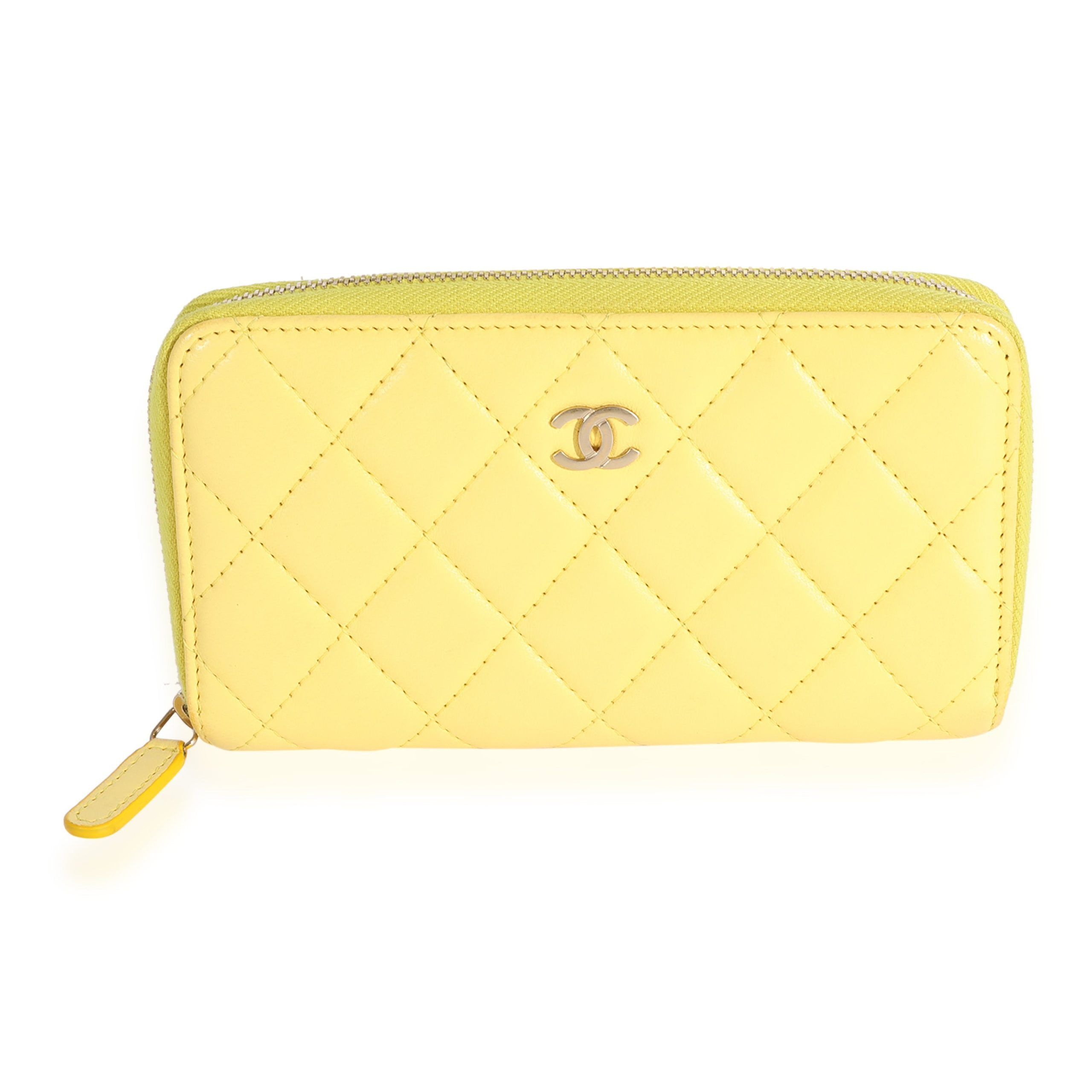 image of Chanel Yellow Quilted Lambskin Medium Zip-Around Wallet, Women's