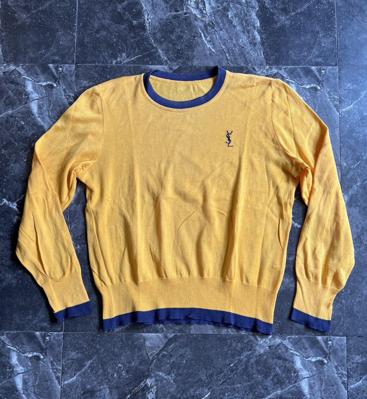Yves Saint Laurent Vintage YSL Yellow Blue Trim Long Sleeve Knit Sweater Size US M / EU 48-50 / 2 - 2 Thumbnail