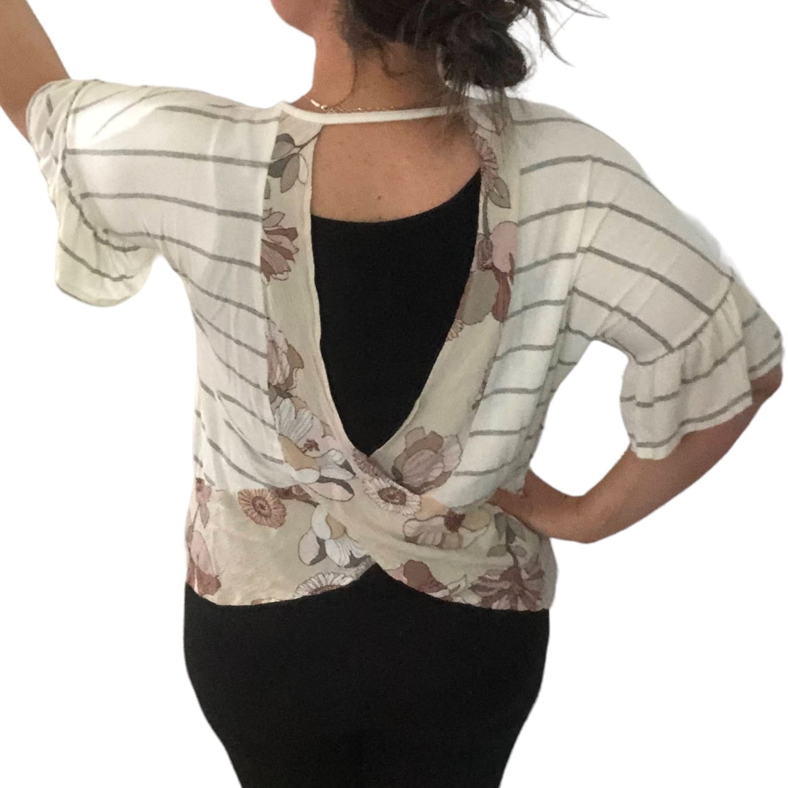 Other Stripe Floral Open Cross Back Mixed Material Bell Sleeve Top Size M / US 6-8 / IT 42-44 - 6 Thumbnail