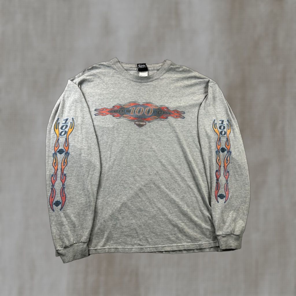 Harley Davidson VINTAGE Harley-Davidson XL Long Sleeve Hit Shirt Flame 100 Year Y2K Gray Mens XL Graphic Print Crew Neck Logo Decade 90s Brand Size US XL / EU 56 / 4 - 1 Thumbnail