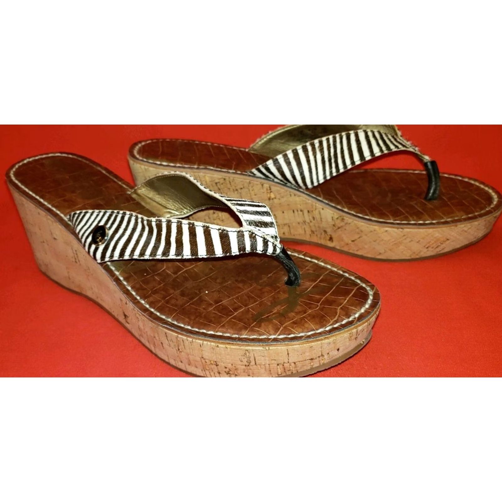 Sam Edelman Sam Edelman Toe Post Slide Wedge Sandal US 10M White Brown Striped Cork Wedge Womens Size US 10 / IT 40 - 2 Thumbnail