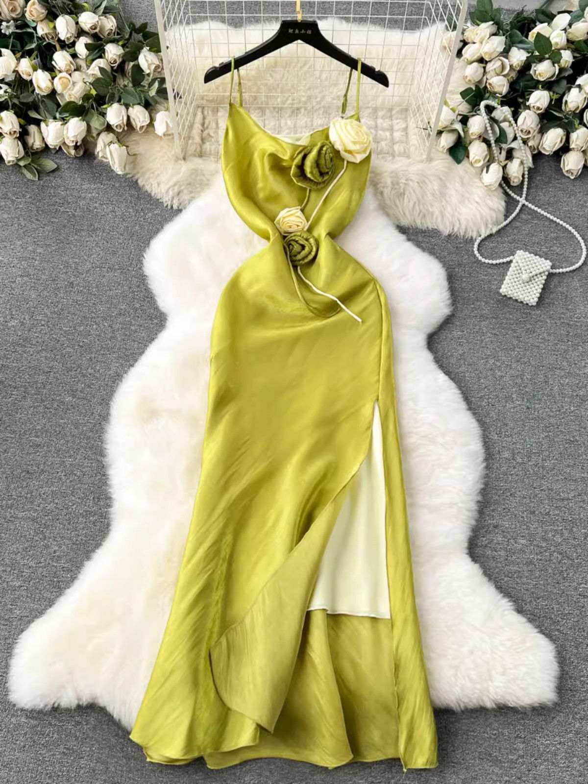 image of Vintage Sexy Three-Dimensional Flower Sexy Split Halter Dress in Green, Women's (Size Medium)