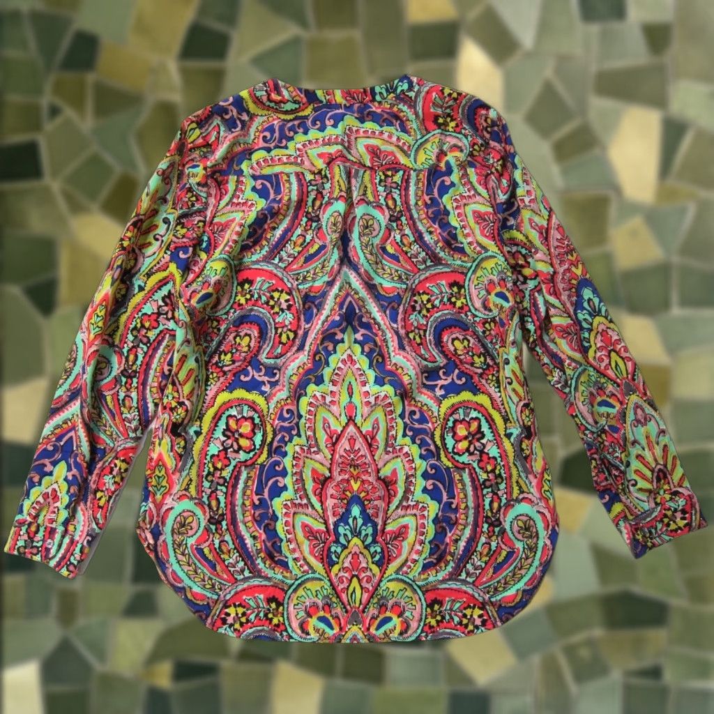 Talbots Talbots Blouse Women Small Green Retro Floral Long Sleeve V-Neck Top Size S / US 4 / IT 40 - 1 Thumbnail