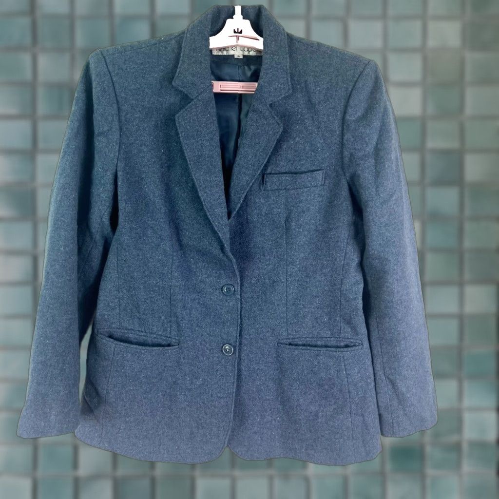 Vintage Michel Laurent Blazer Jacket Women Blue Wool Blend Size 9 Notch Lapel Single-Breasted Three-Button Dress Tailored Oversized Size M / US 6-8 / IT 42-44 - 1 Thumbnail