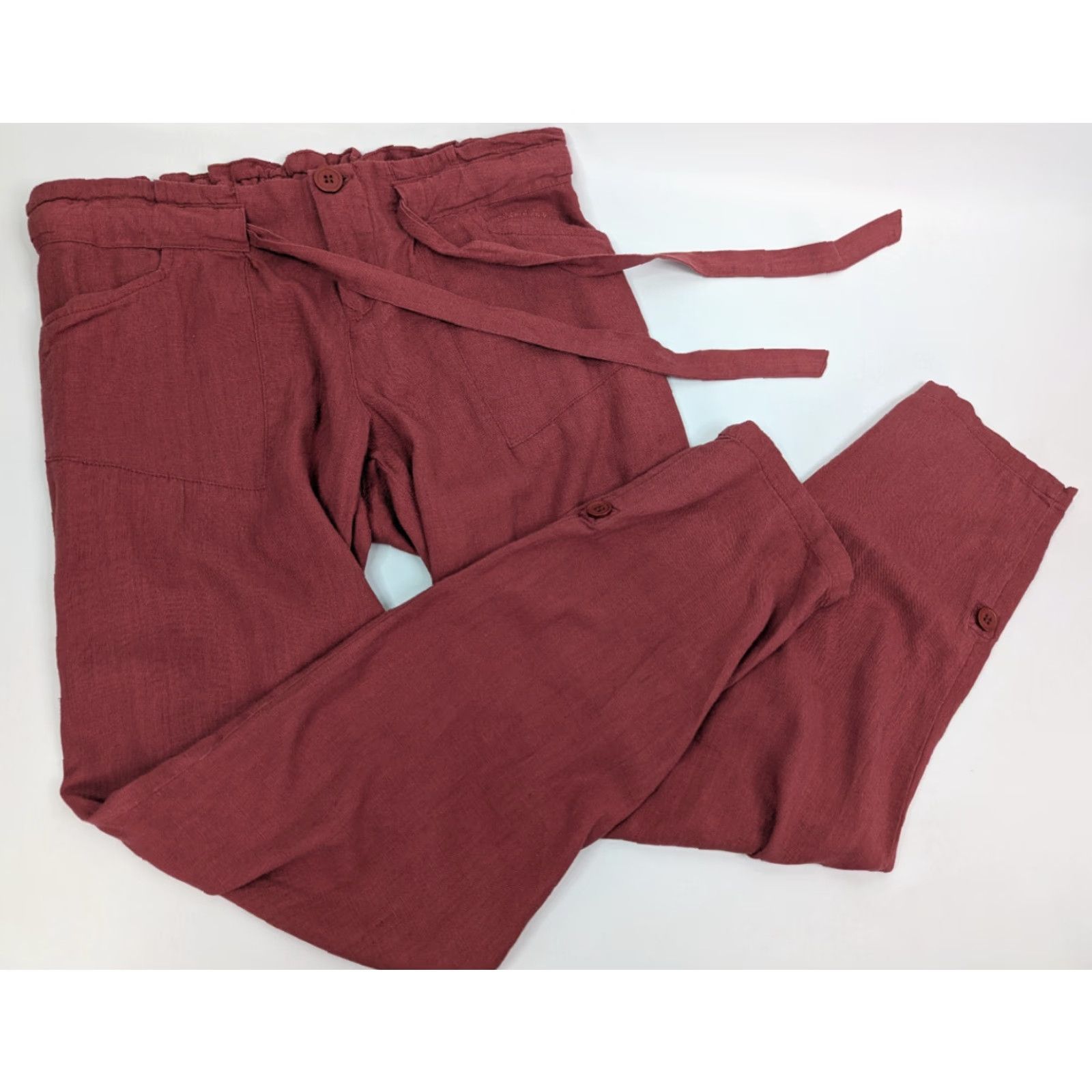 Vintage Cali 1850 Womens Medium Pants Red Linen Pull On Elastic Waist Tie Waist Summer Capri Pockets Crop Straight Size 32" / US 10 / IT 46 - 2 Thumbnail