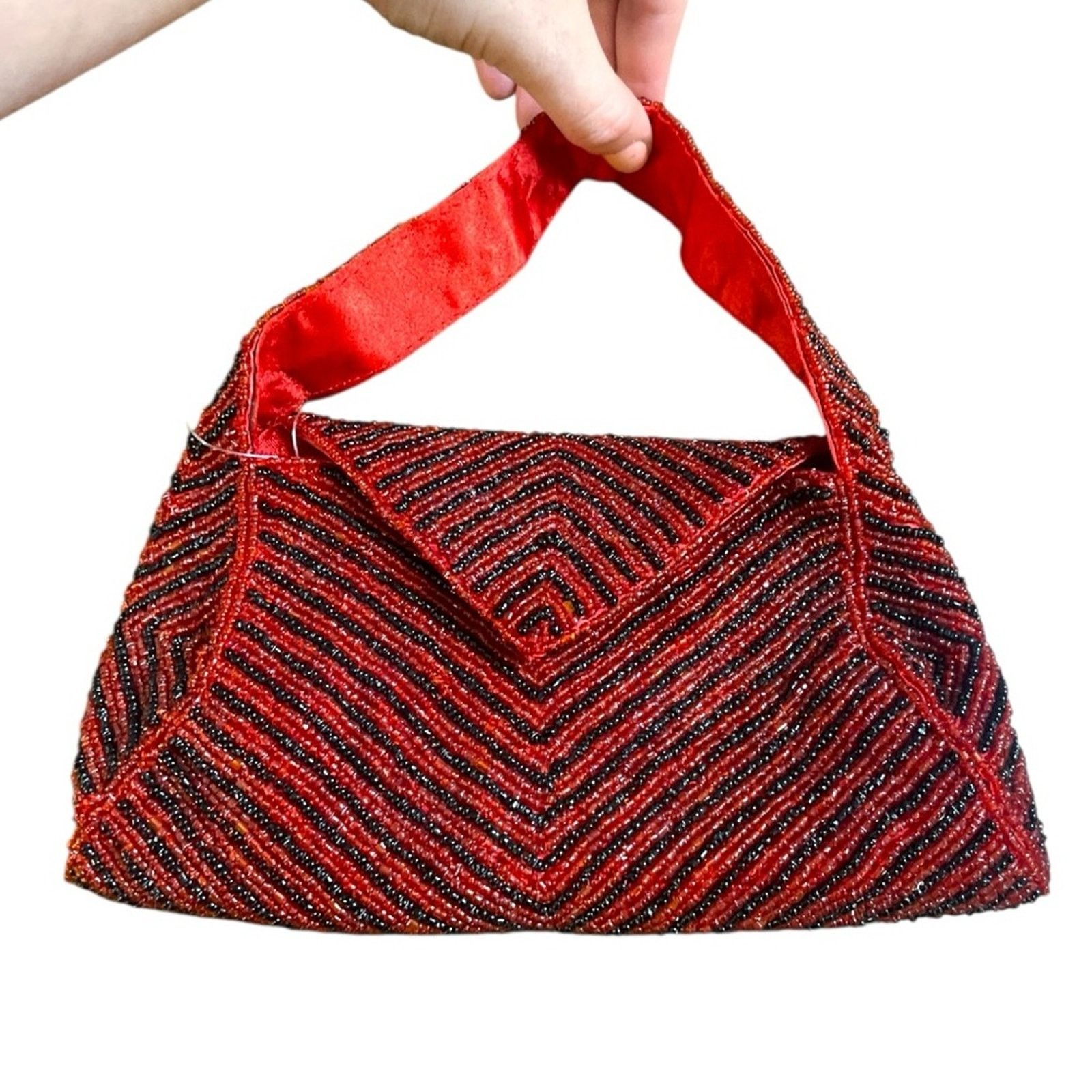 Handmade Vintage 1950s Art Deco Paul Handcrafts Red/Black Beaded Bag Size ONE SIZE - 1 Thumbnail