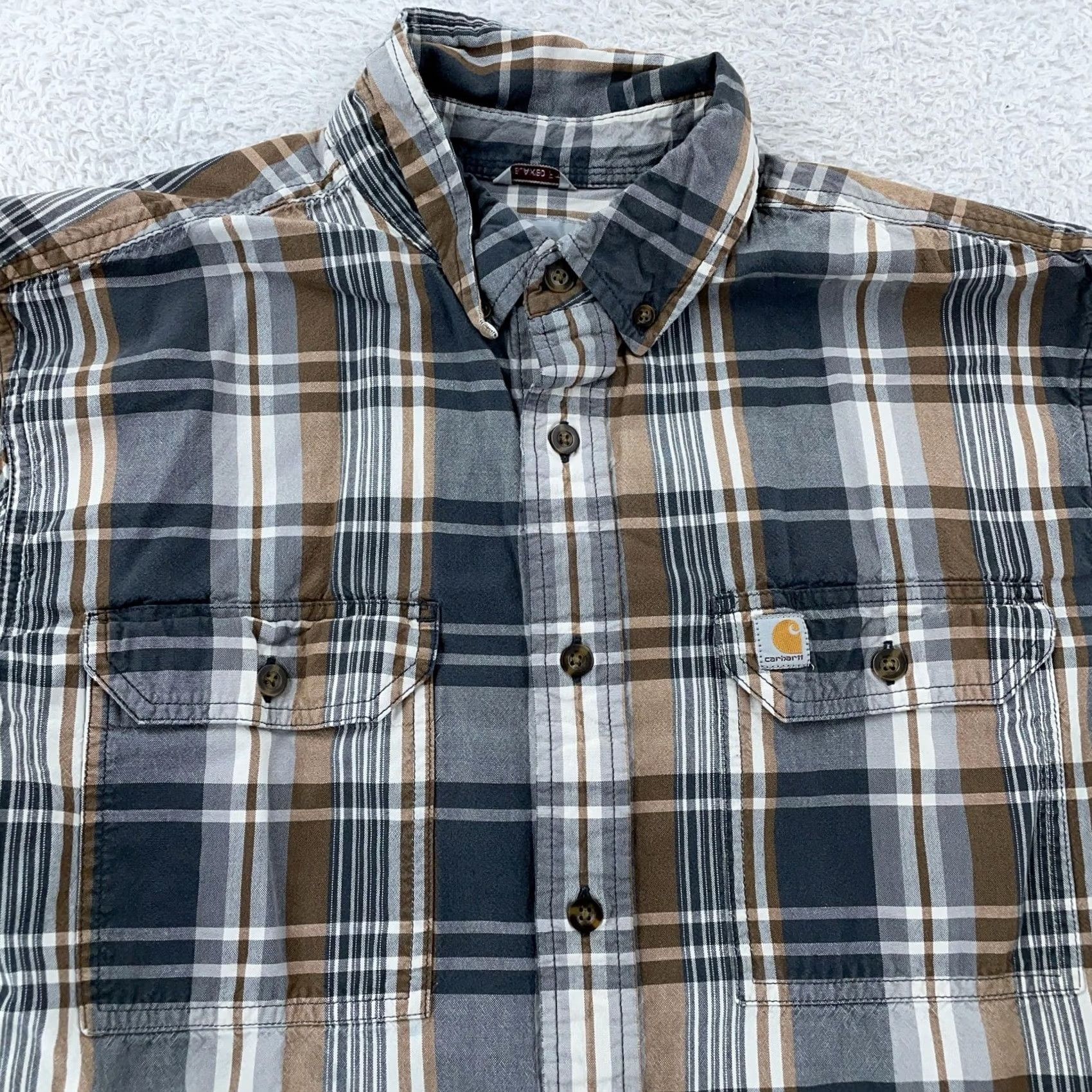 Carhartt Carhartt Shirt Mens Large Plaid Short Sleeve Button-Down Cotton Multicolor Final Shadow Brown Gray Size US L / EU 52-54 / 3 - 2 Thumbnail