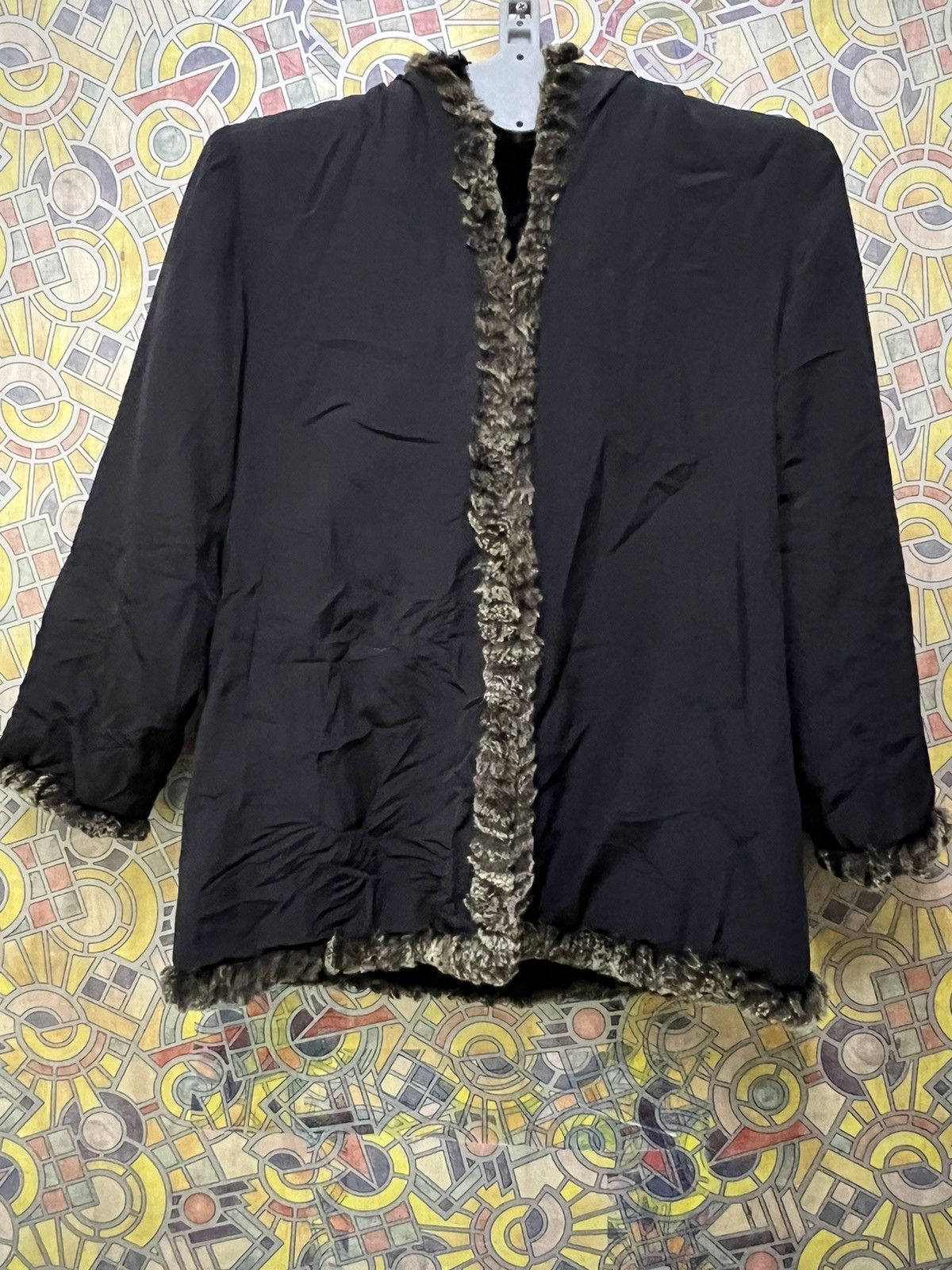 Leather Furugi USED vintage 100% silk rabbit fur reversible jacket Size US L / EU 52-54 / 3 - 7 Thumbnail