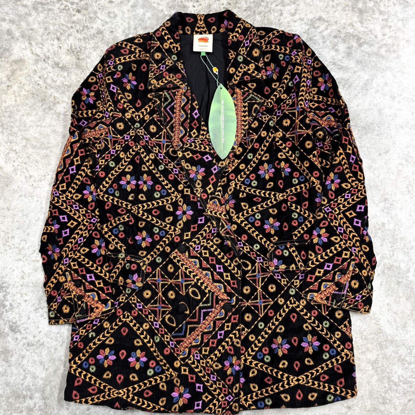 Farm Rio Farm Rio Blazer Womens Medium Multicolor Corduroy Embroidered Geometric Notch Lapel Long Sleeve Long Jacket Dressy Tuxedo Style Size M / US 6-8 / IT 42-44 - 2 Thumbnail
