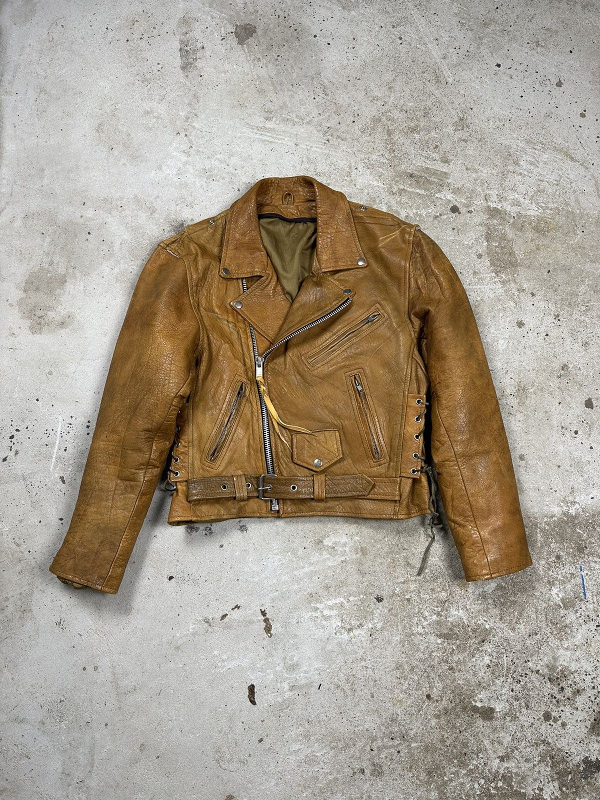 Image of Vintage 90's Brown Distressed Moto Biker Leather Jacket, Men's (Size Small)