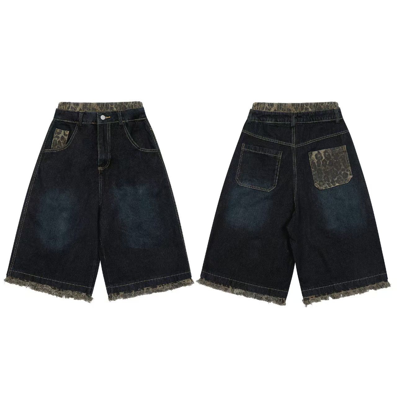 Other Navy Spliced Leopard Print Washed Loose Fit 7/10 Shorts Size US 34 / EU 50 - 3 Thumbnail