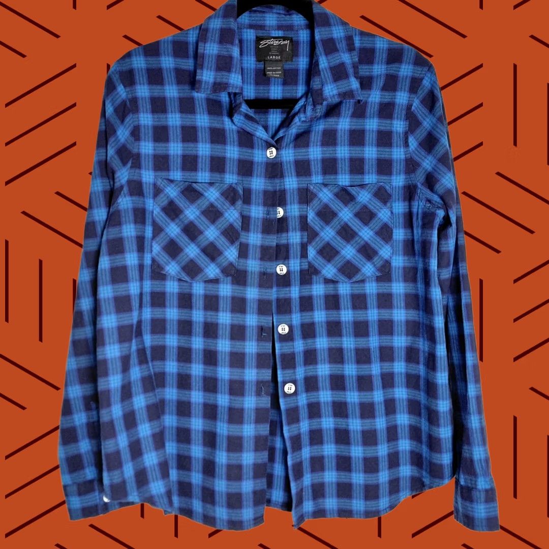 Vintage STUSSY Blue Plaid Button-Up Shirt Men Long Sleeve LARGE Size US L / EU 52-54 / 3 - 1 Thumbnail