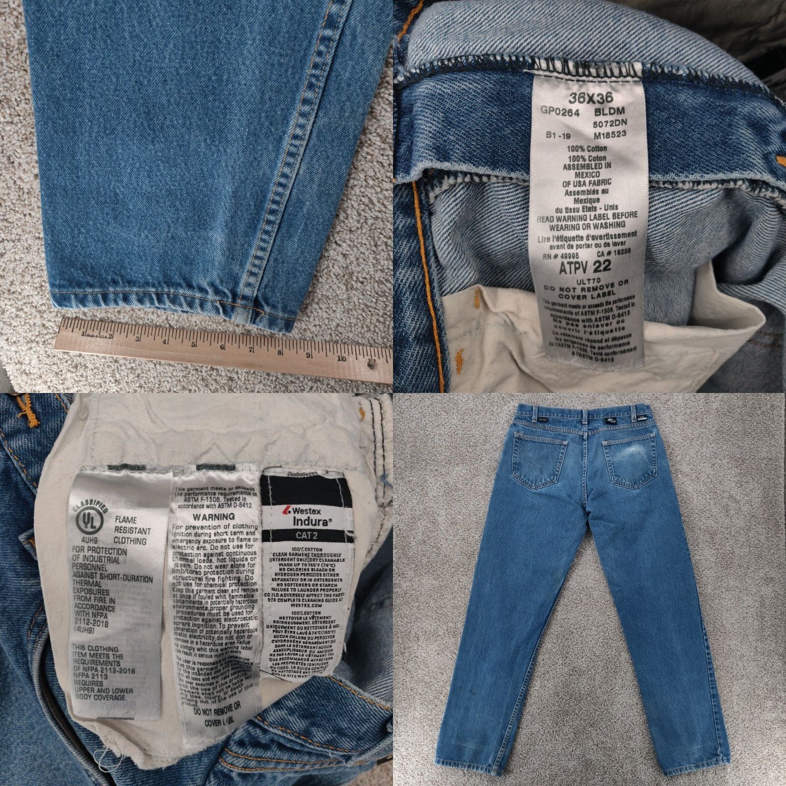 Denime Westex Indura Jeans Mens 36x36 Blue Flame-Resistant Distressed Denim 5-Pocket Regular Inseam 36 Size US 36 / EU 52 - 8 Thumbnail