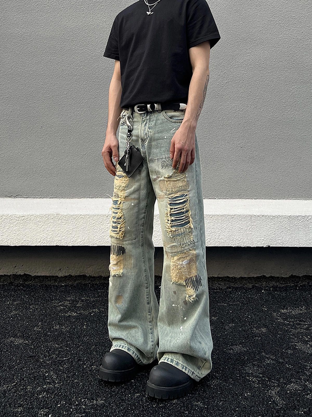 Vintage Ripped Distressed Light Blue Wide-Leg Jeans Size US 32 / EU 48 - 1 Thumbnail