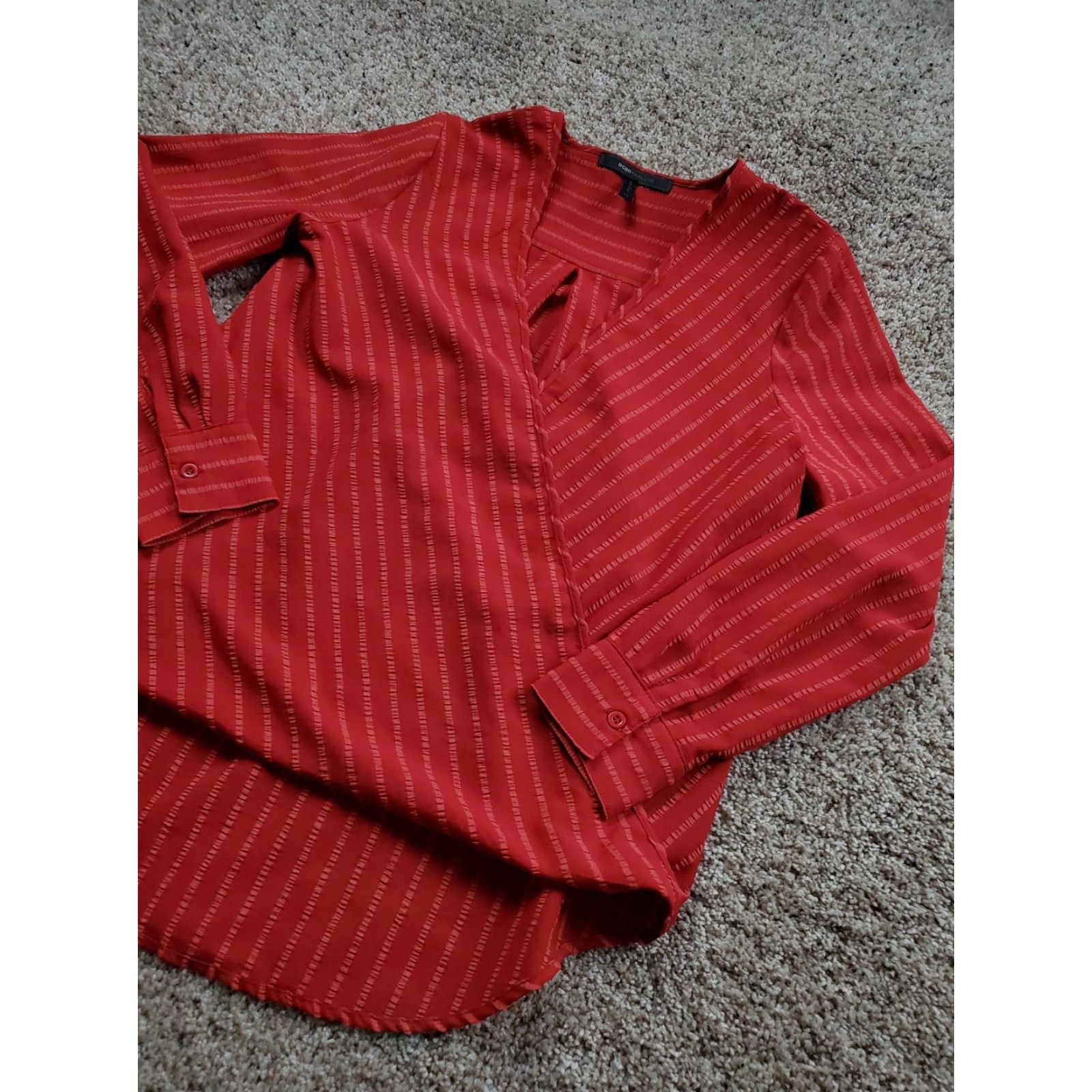Bcbgmaxazria BCBGMAXAZRIA Blouse Womens XS Red Long Sleeve Surplice Stripe Wrap Top Dressy Size XS / US 0-2 / IT 36-38 - 2 Thumbnail