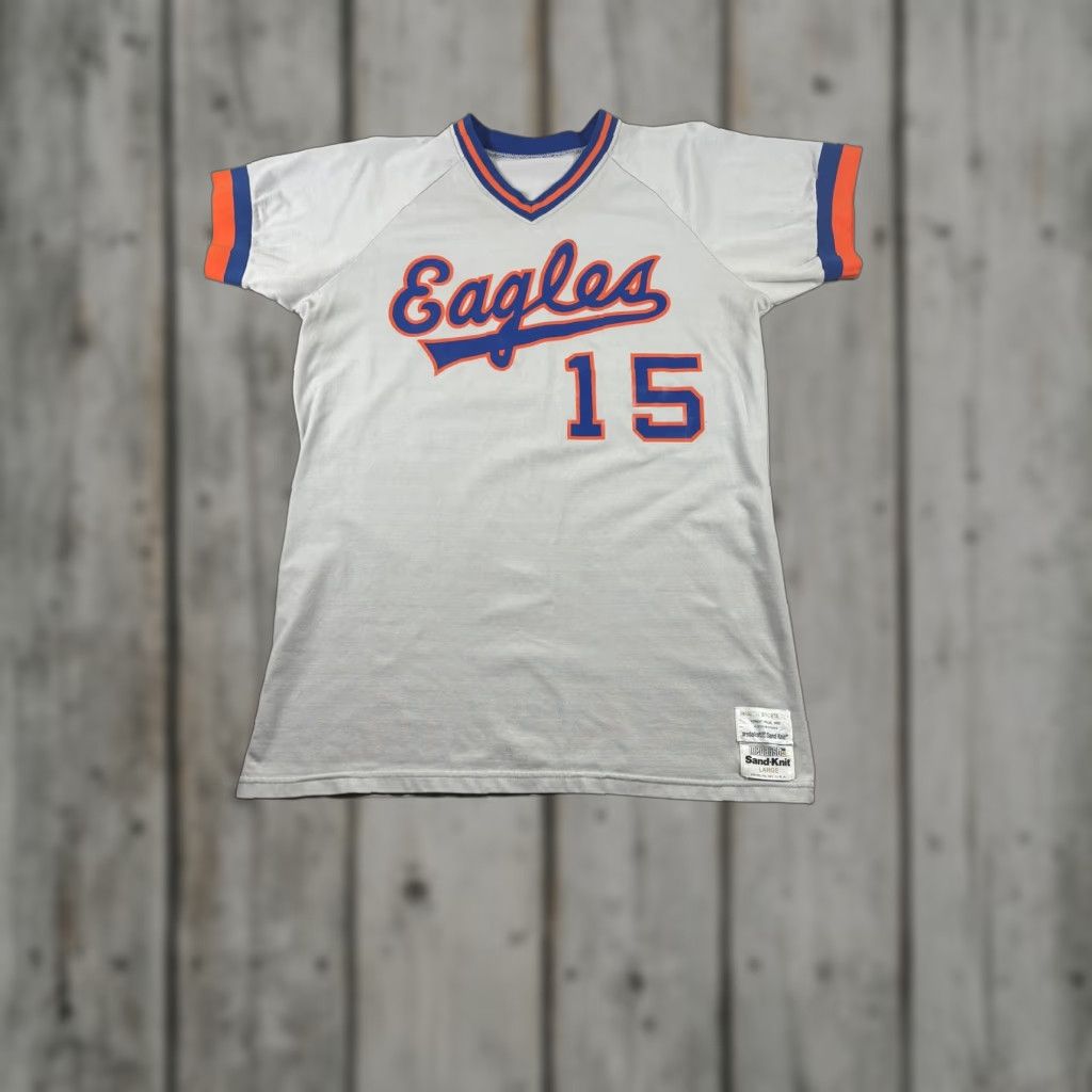 VINTAGE Eagles Baseball Shirt Mens L White Blue Orange Sand Knit 80s Jersey