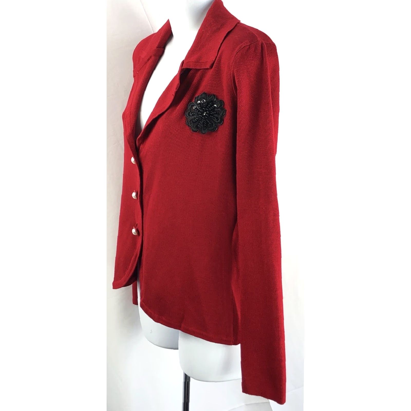 FRED NWT Red Cardigan Knit Sweater Top M Red Pearl Button Front V-Neck Bead Applique Women Size M / US 6-8 / IT 42-44 - 2 Thumbnail