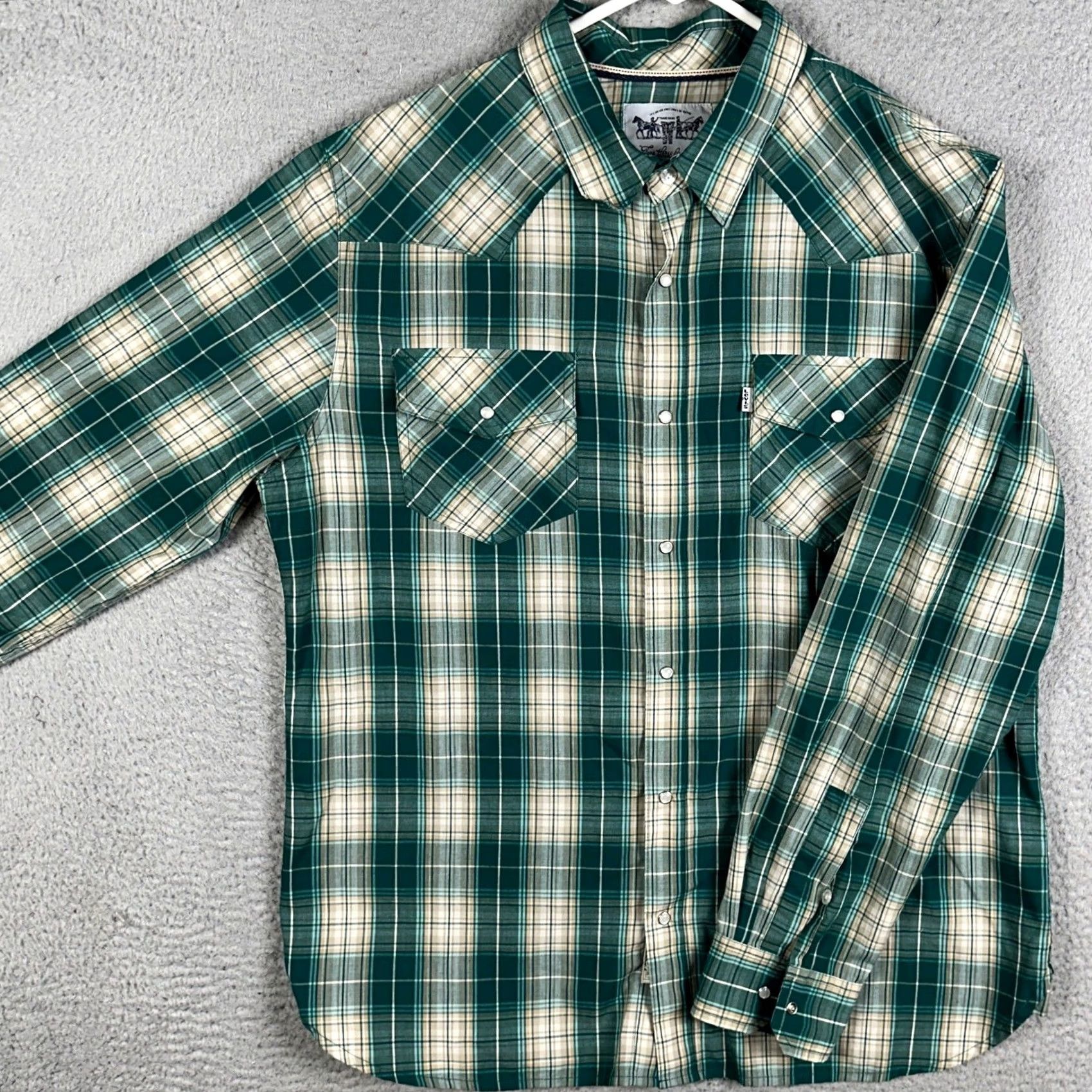 Levi's Levis Shirt Mens Large Green Tan Western Pearl Snap Plaid Button Up Flap Pockets Size US L / EU 52-54 / 3 - 2 Thumbnail