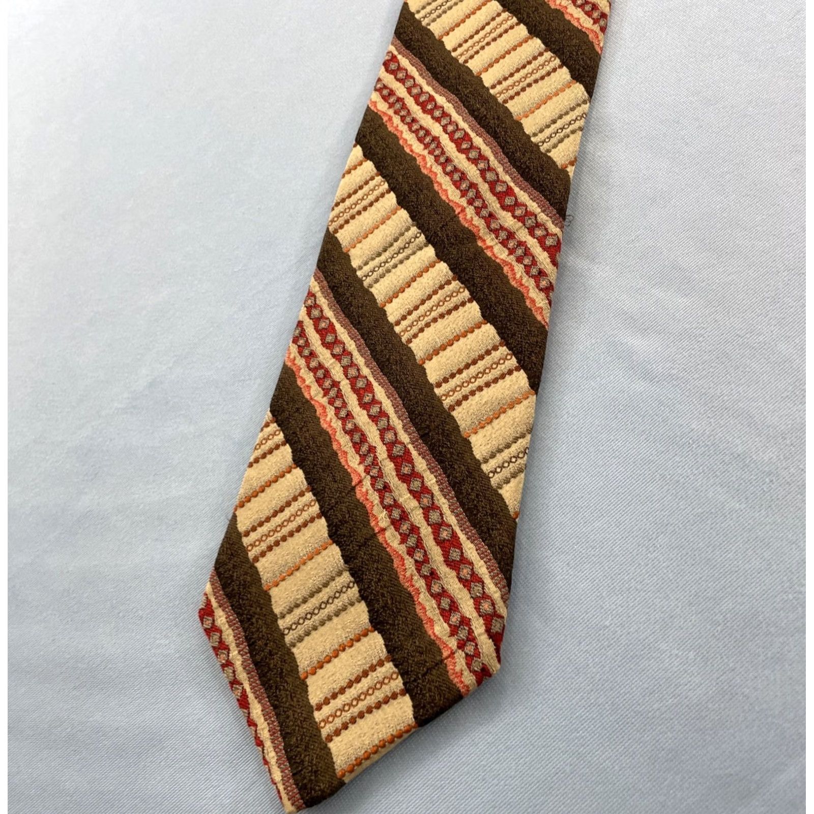 Vintage Pavone Vtg 90s Handmade Silk Tie Brown Repp Stripe Quilted Patchwork Necktie 4x58 Men's Vintage 1990s Wide Necktie Philippines Italy Import Size ONE SIZE - 3 Thumbnail