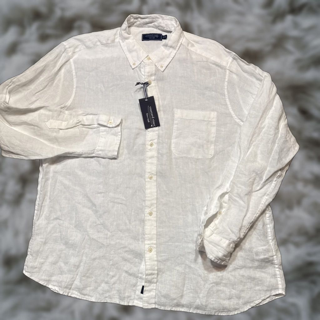 Vineyard Vines Vineyard Vines Shirt Mens XL White Surfside Solid Linen Beach Button-Down Long Sleeve Collared Beach Theme Casual Travel Regular. Size US XL / EU 56 / 4 - 1 Thumbnail