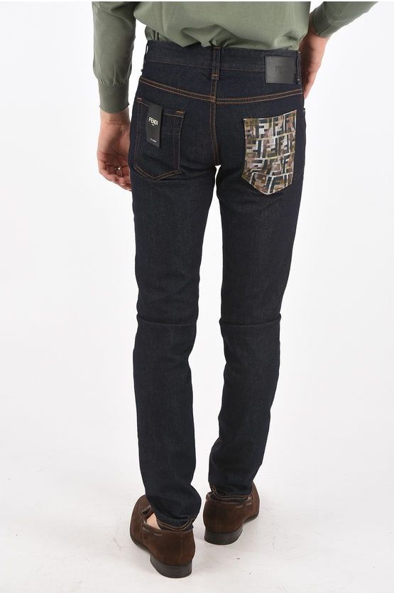 image of Fendi Dark Wash Skinny Fit Jeans With Printed Pocket in Black, Men's (Size 30)